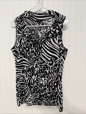 AK Jersey ANIMAL Black/White TOP Slvlss Cowl neck EASYcare EUC